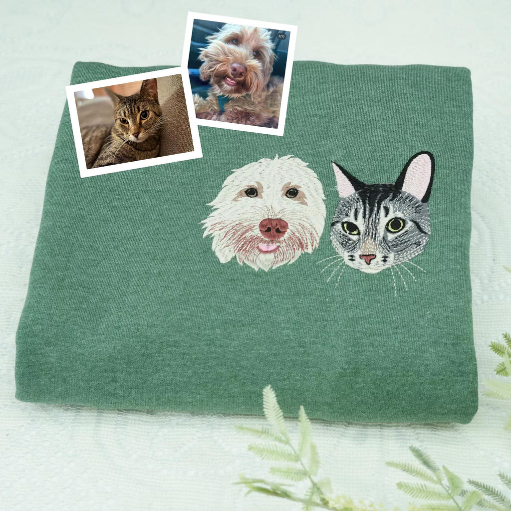 Bestickter Hoodie mit individuellem Hundegesicht – Personalisiertes Haustierporträt vom Foto, Hunde- & Katzen-Gedenk-Sweatshirt