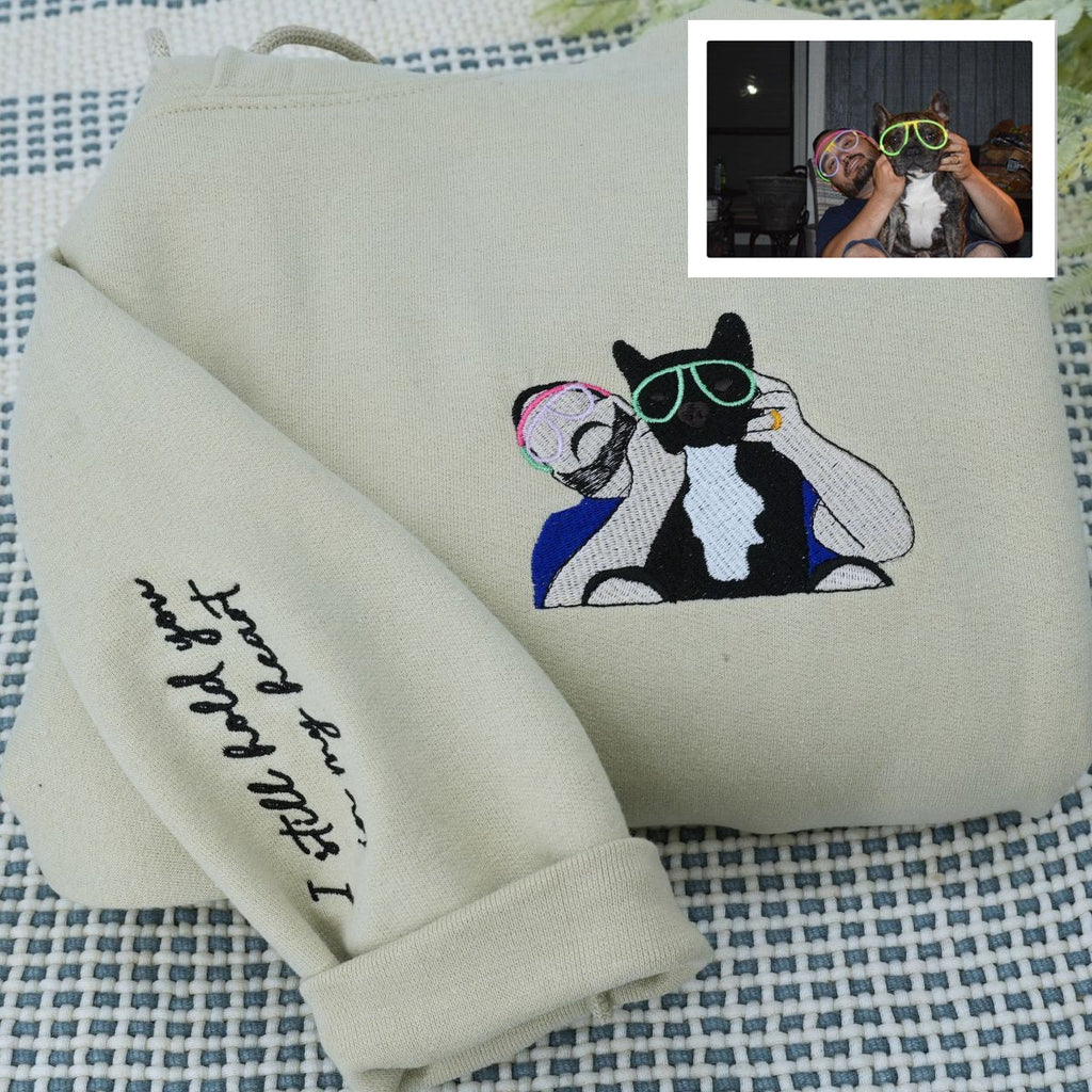 Sudadera y sudadera con capucha bordadas con retrato de mascota y dueño a todo color – Regalo único para amantes de las mascotas