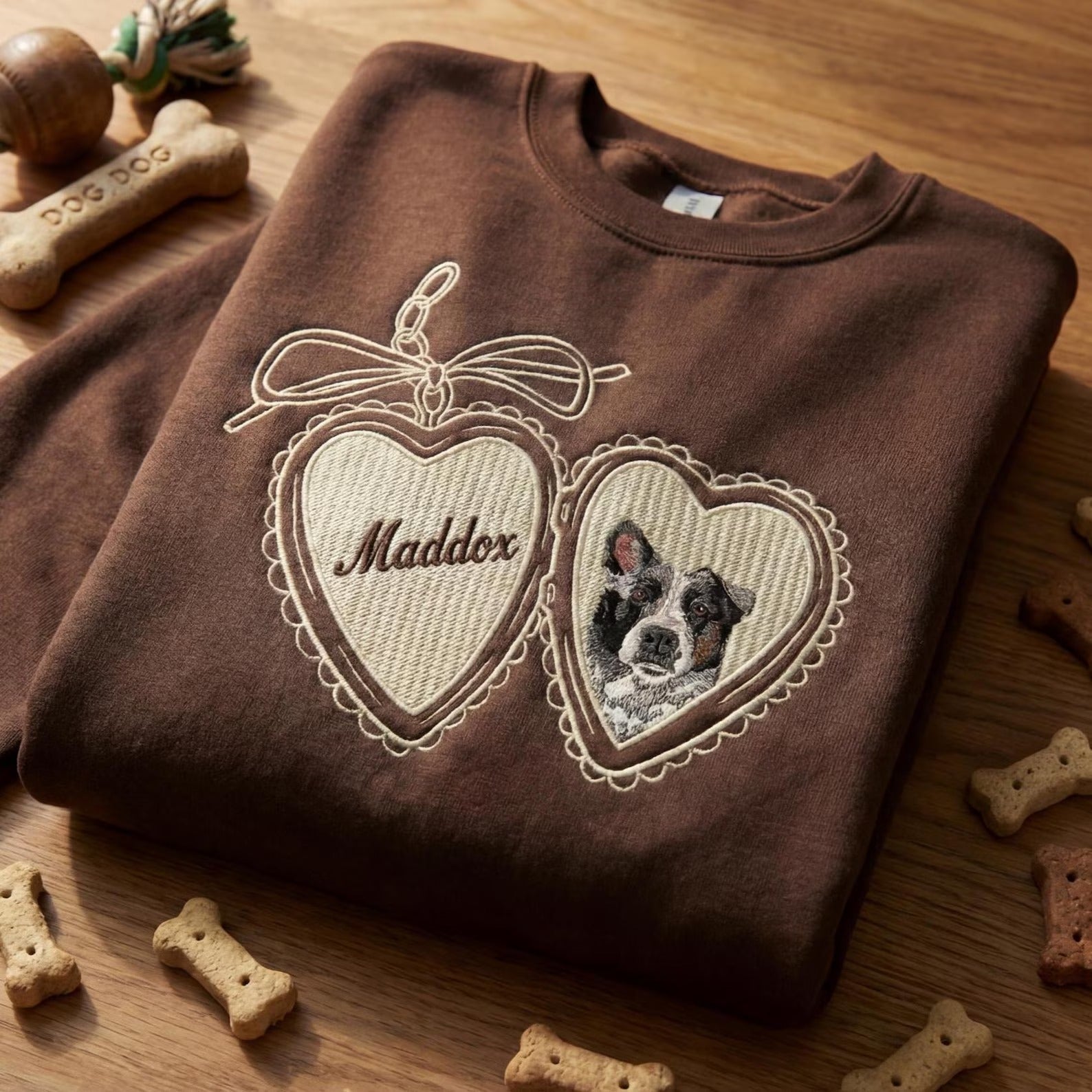 Vintage Locket Pet Portrait Sweatshirt – Personalized Dog & Cat Photo Crewneck with Coquette Bow