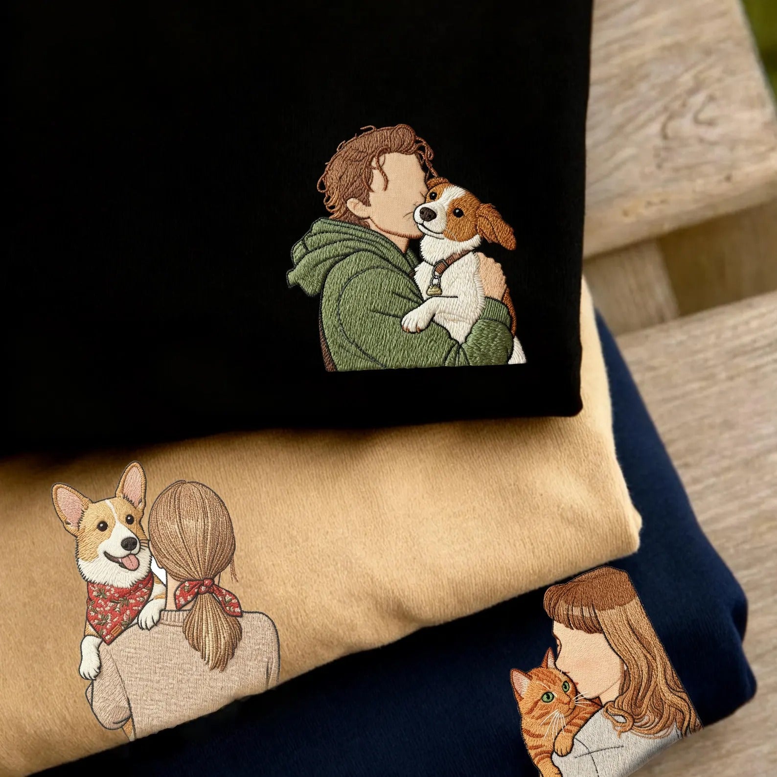 Custom Embroidered Pet & Owner Portrait Sweatshirt – Personalized Dog/Cat Family Photo Hoodie