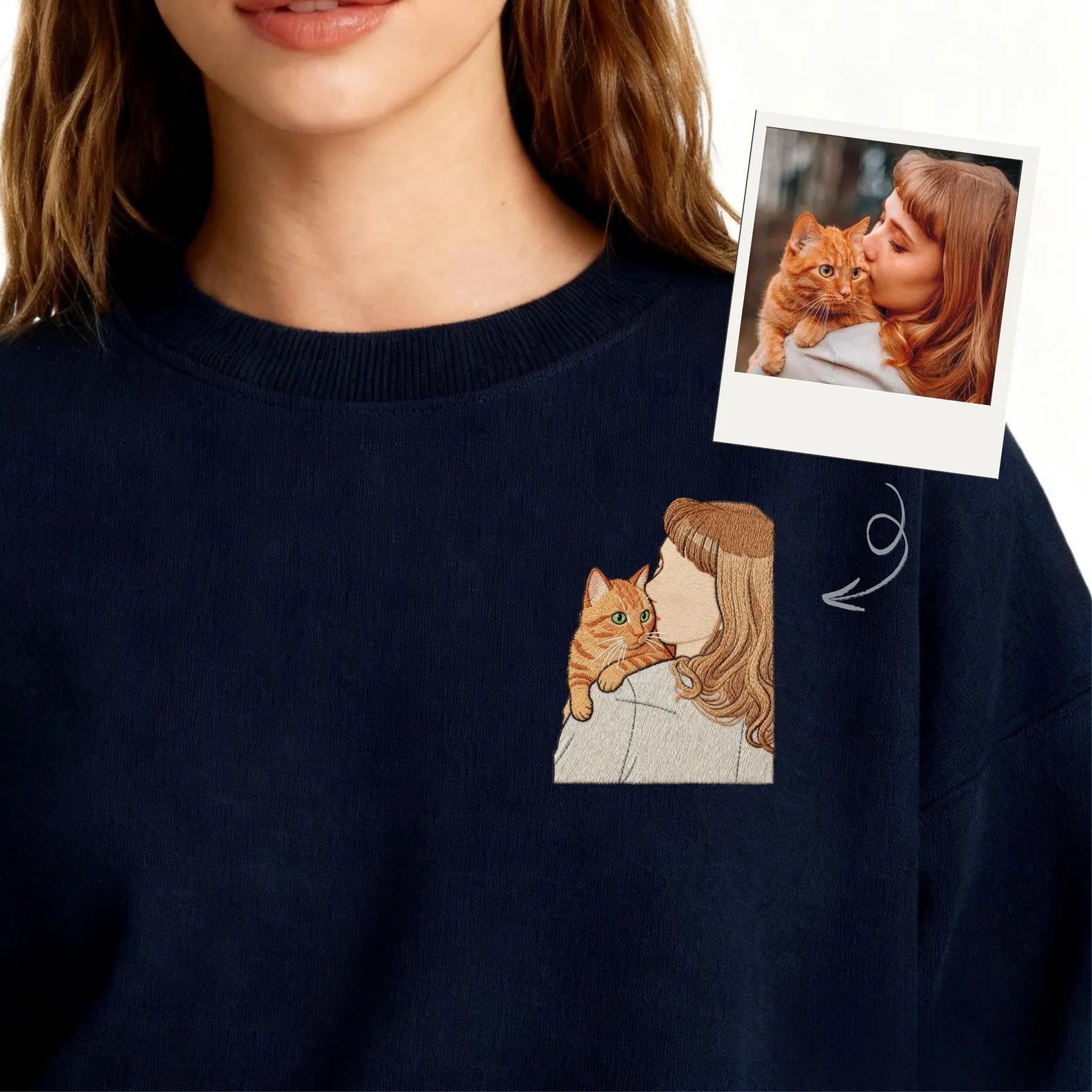 Custom Embroidered Pet & Owner Portrait Sweatshirt – Personalized Dog/Cat Family Photo Hoodie