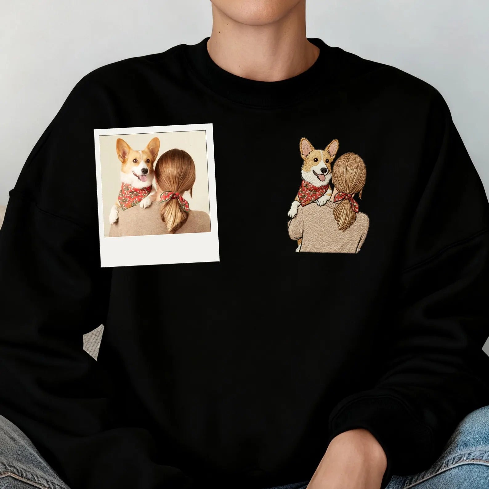 Custom Embroidered Pet & Owner Portrait Sweatshirt – Personalized Dog/Cat Family Photo Hoodie
